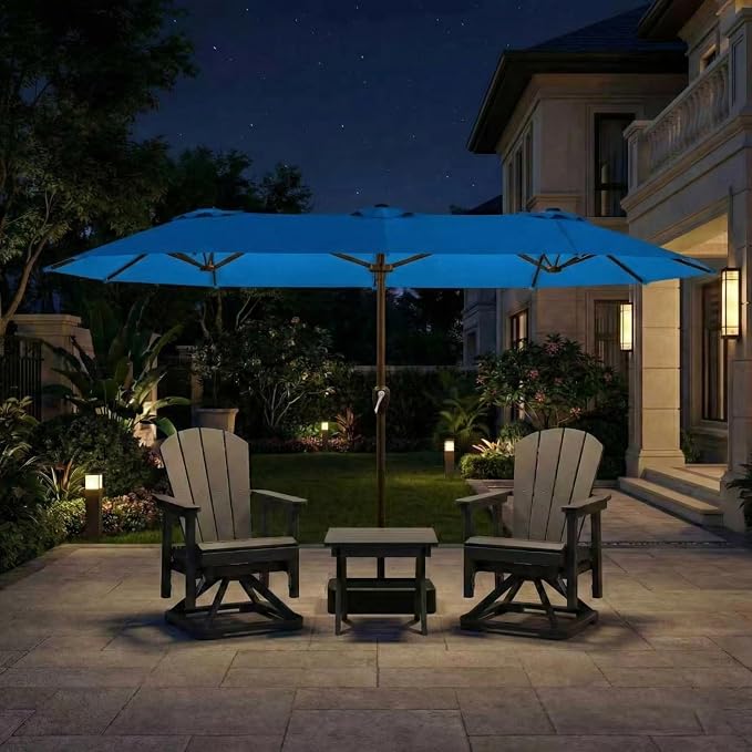 15FT Large Patio Umbrella with Base Included, Double Sided Outdoor Market Umbrella with Flexible Fiberglass Ribs, UV-Blocking Extra Large Umbrella for Garden, Pool, Deck, Royal Blue