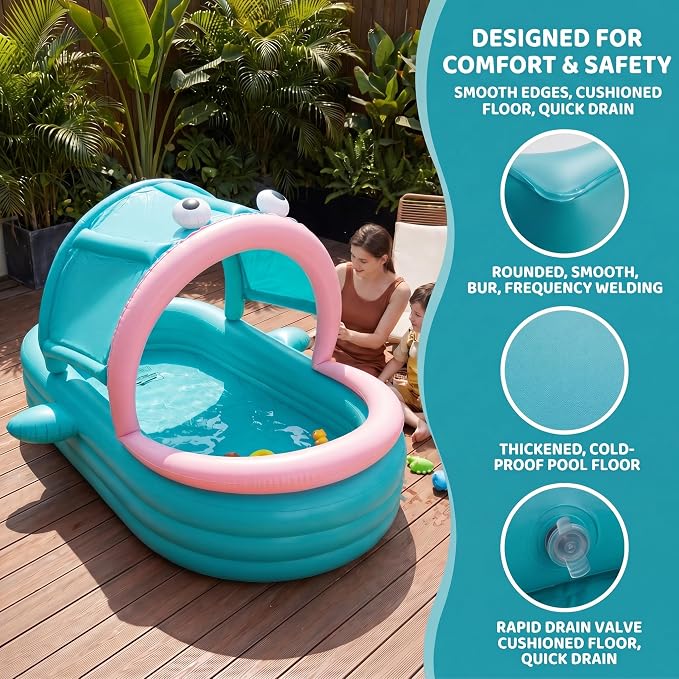 Inflatable Kiddie Pool with Canopy, Giant Fish Blow Up Pool for Kids Toddlers Adults, Thickened PVC Family Pool, 3 Air Chambers, 112"×65"×22" Backyard Summer Splash