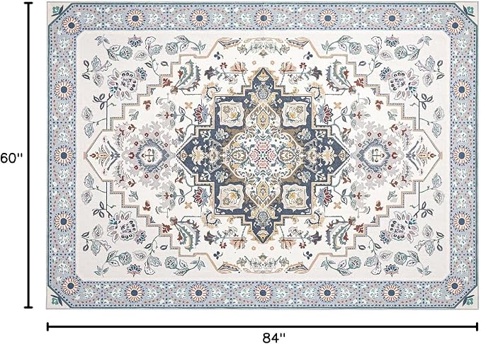 Phantoscope Washable Area Rug 5'x7' Non-Slip, Vintage Boho Rugs for Living Room, Bedroom, Dining Room, Persian Floral Medallion Pattern, Low-Pile Foldable Floor Carpet, Ivory Blue/Garden Bloom