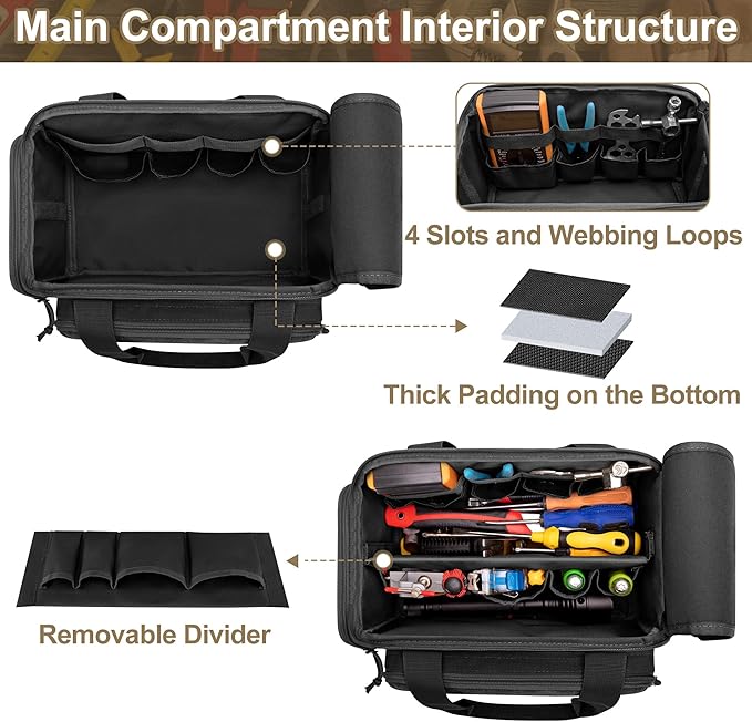 Rexmica 12-Inch Tool Bag with Anti-friction Bottom, Hand Tool Storage Organizer Bag for Men, Tactical Range Bag, Multi-purpose Work Tote for Repairman, Electrician, Carpenters, Handyman, Black