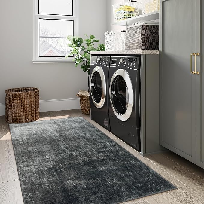 Lahome 3x5 Black Rugs for Entryway,Boho Kitchen Rugs Non Slip Washable,Modern Abstract Ombre Small Soft Low-Pile Indoor Floor Carpet for Bathroom Bedroom(3'x5',Black and White)