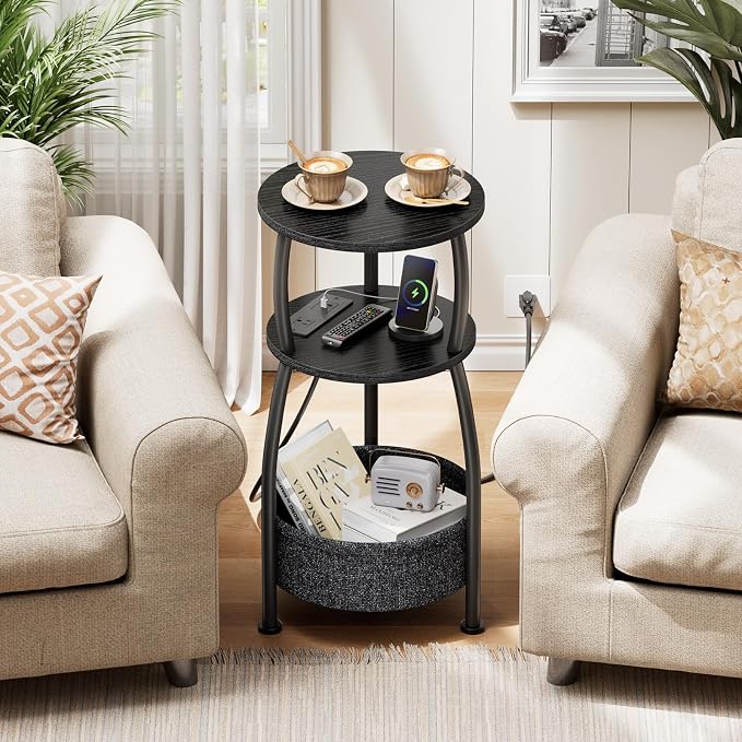 Round Side Table with Power Outlets, Small Coffee Table with S Basket, Space Saving End Table 3-Tier Bedside Corner Table Stand for Living Room, Bedroom, Garden 11.8in Classic Black