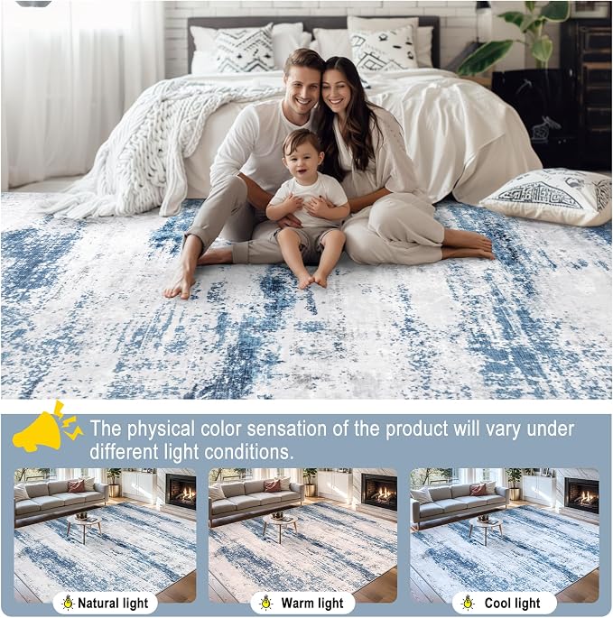 PLHXFR 10x12 Area Rug Living Room: Abstract Washable Carpet White Blue | For Bedroom Dining Room Farmhouse Nursery Home,Machine washable,Non Slip,Large Soft Neutral,Stain Resistant, Indoor Floor