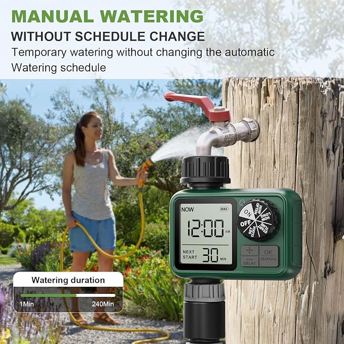 Water Timer for Outdoor Garden Hose, Sprinkler Timer for Garden Faucet with Auto/Manual/Rain Delay Mode, Sprinkler Irrigation Controller for Yard Lawn (1 Zone Plastic Inlet-2 Pack)