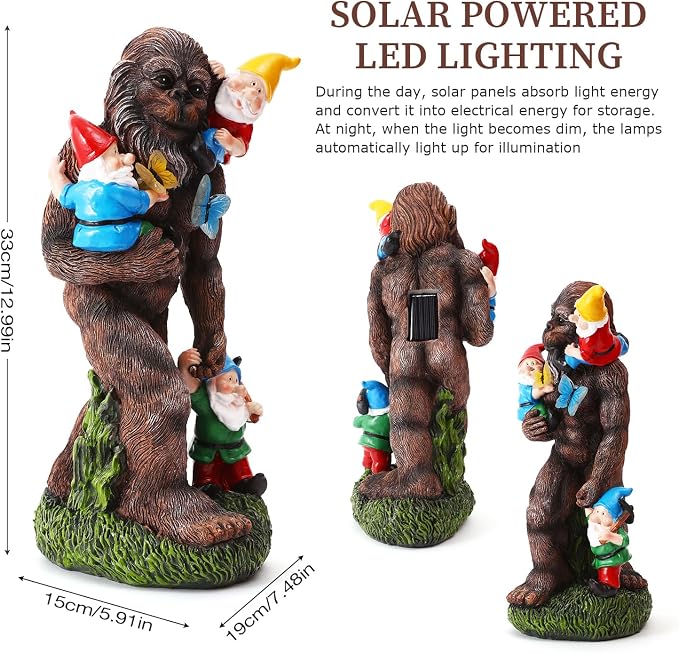 13Inch Gorilla Statue Bigfoot Holding Dwarf Sculpture with Butterfly Garden Accessories Decorative Gifts for Father's Day Bigfoot and Gnomes for Fairy Garden
