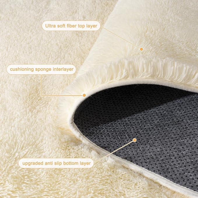 Cream Rugs for Living Room, Ultra Fluffy Fuzzy Shag 6x9 Area Rug for Bedroom, Modern Plush Soft High Pile Upgrade Non-Slip Carpet for Kids Girls and Boys, Dorms, Nursery, Home Decor Aesthetic