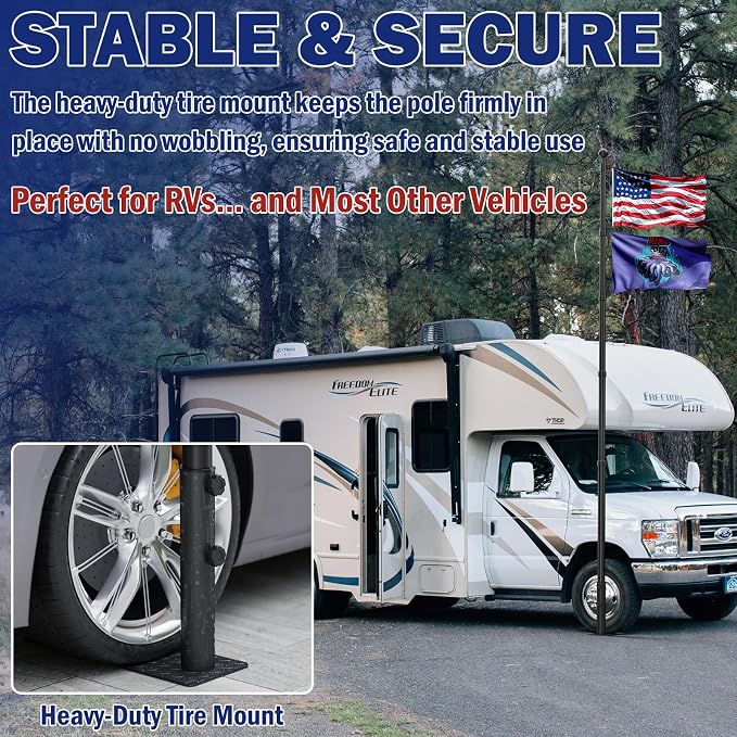 20FT RV Telescoping Flag Pole Kit, Heavy Duty 14-Gauge Aluminum Flagpole with Tire Mount Base, Portable Flag Kit for Camping, Tailgating, Trailer, and Outdoor Use