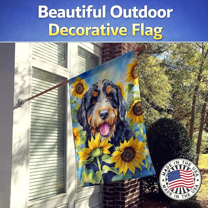 Caroline's Treasures DAC6025CHF Bernedoodle in Sunflowers House Flag Large Porch Sleeve Pole Decorative Outside Yard Banner Artwork Wall Hanging, Polyester, House Size, Multicolor