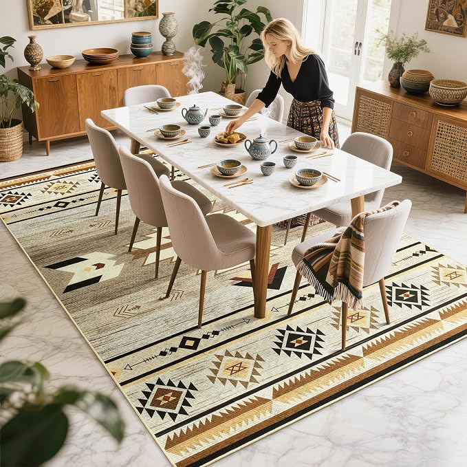 BENRON Western Area Rugs for Living Room Bedroom 4x6, Washable, Beige Brown | Non Slip Southwest aztec Rustic Rugs for Dining Table Kitchen Home Decor