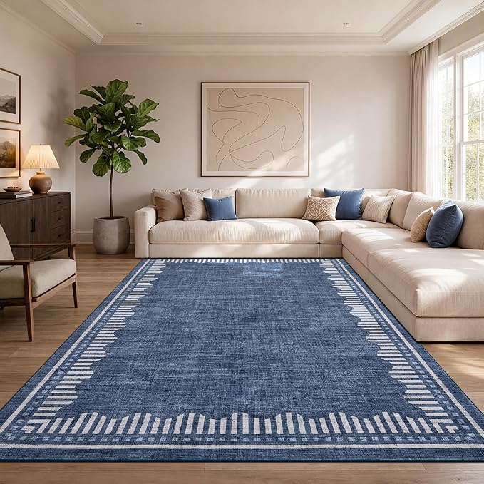 Garvee Large Bedroom 5x7 Washable Area Rugs Non Slip Blue Scalloped Rugs | Neutral Solid Color Low Pile Stain Resistant Living Room Dining Room Throw Carpet Modern Geometric Nursery Office Carpet