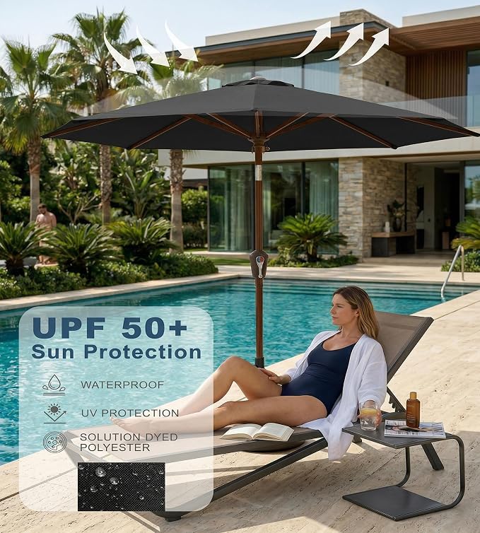 PatioKingdom 10FT Patio Umbrella with Push Button Tilt and Crank, Outdoor Market Umbrella with 8 Fiberglass Ribs, UV Protection Table Umbrella for Pool,Backyard,Garden,Deck