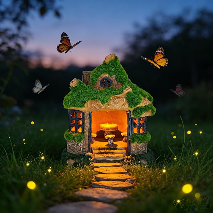 COWOS Fairy Garden House, Flocked Moss Miniature Cottage for Outdoor Yard Decor, Weather-Resistant Resin Forest House with Mushroom Furniture, Fairy Garden Accessories for Patio, Lawn, Home, and Gift