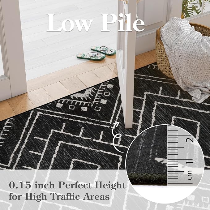 LIVEBOX Western 5x7 Area Rug, Black Washable Rugs for Living Room Bedroom, Non Slip Moroccan Tribal Rug Low Pile Modern Geometric Boho Area Rugs Diamond Carpet for Dining Room Home Office Playroom