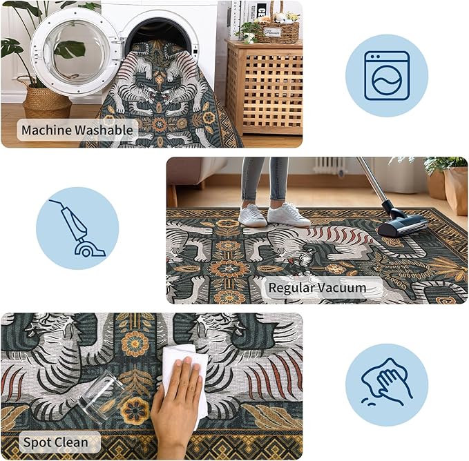 GarveeHome Tiger Round Area Rugs Boho Bedroom Non Slip Washable Vintage | 5ft Blue Animal Print Circle Rugs Non Slip,Tribal Floor Carpet for Dining Room Entryway Nursery Playroom Office