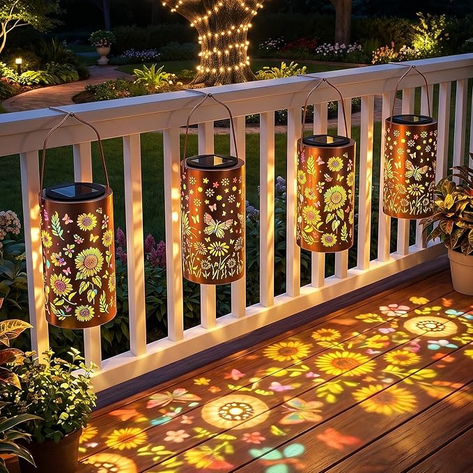 2Pack Colorful Solar Lanterns Outdoor Waterproof, Garden Decor Gifts for Women Mom Grandma - LED Sunflower and Butterfly Solar Powered Lights Metal Hanging Lantern for Outside Garden Patio Yard Porch