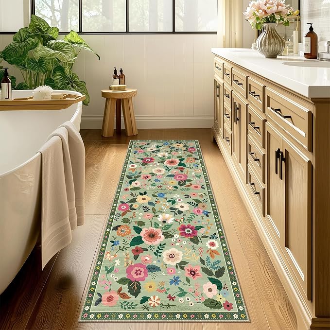 Floral Washable 2x10 Area Rugs Runner Entryway Hallway LightGreen | Flower Carpet, Print, Boho, Non-Slip, Easy to Clean, Low Pile, Soft, for Living Room Bedroom Kitchen Office Entrance