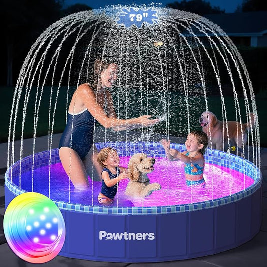 Pawtners Large Foldable Kiddie Pool with Sprinkler & RGB LED Light 79'' | Splash Pad, Wading Pool, Bathing Tub, Hard Plastic, Heavy Duty, Non-Slip, Durable, Scratch Resistant, Suitable for Backyard