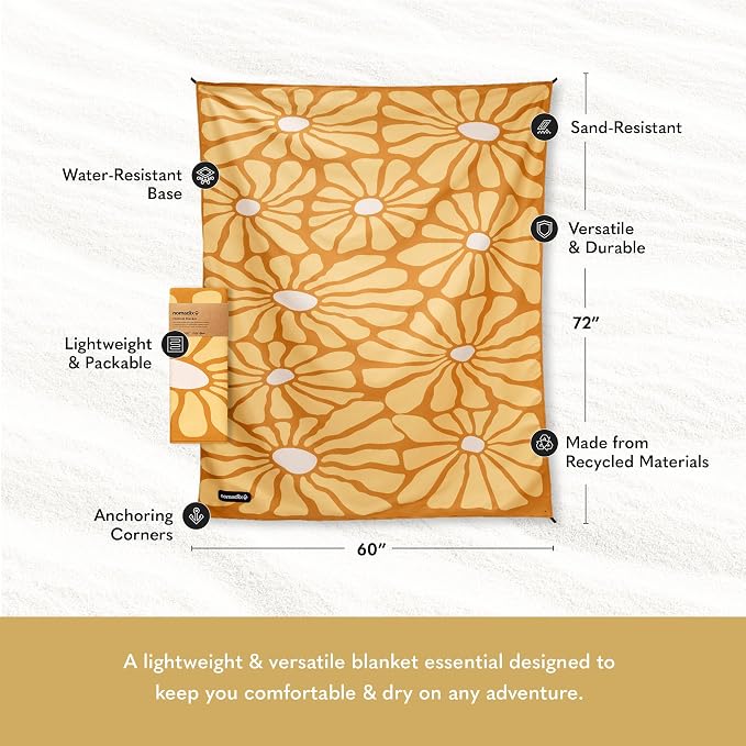 Nomadix Festival Blanket - Plush Top & Water Resistant Base - Made with Post Consumer Recycled Materials - Lazy Daisy Gold - 60x72