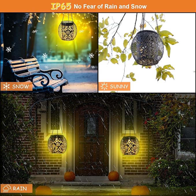 Solar Lanterns Outdoor Waterproof, 2 Pack Hanging Solar Lights Outside Garden Decor, Gifts for Women Mom Grandma Metal Decorative Lantern for Patio Yard Porch Balcony Backyard Lawn