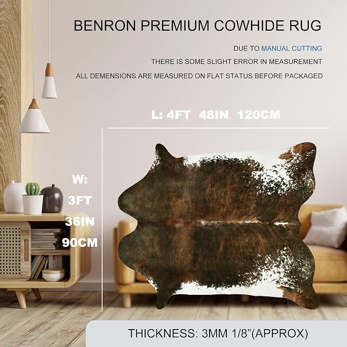 BENRON Small Faux Cowhide Rug, Cow Print Rug for Kitchen Hallyway 2.9X 3.9 | Western cow hide rug for Home Decor, Washable Rugs with Irregular Animal Skins and Hides, Non Slip, Olive Green
