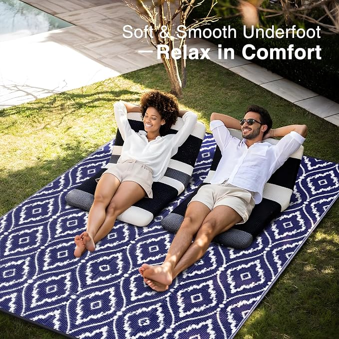 OLANLY Outdoor Rug 8x10 ft Waterproof, Outdoor Plastic Straw Rug with Geometric Pattern Clearance, Reversible RV Mat for Patio, Camping, Balcony, Deck, Backyard, Navy & White