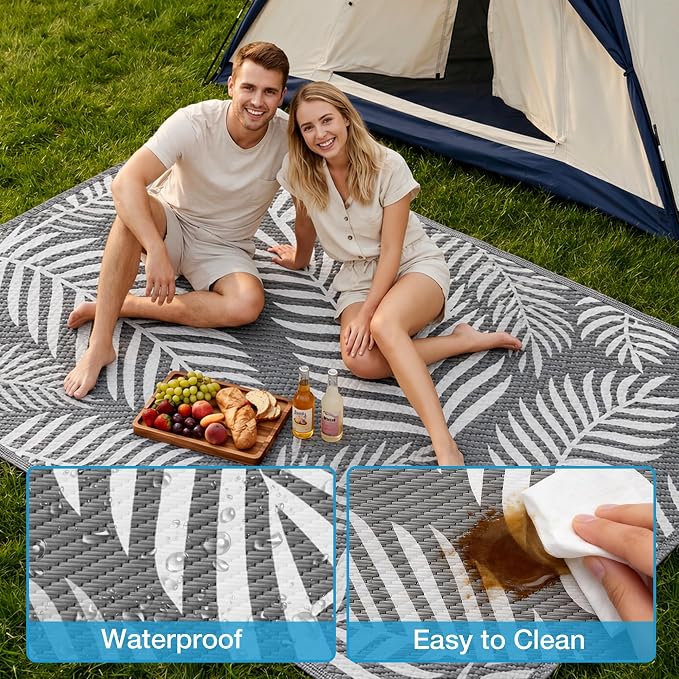 Kohree Outdoor Rug Waterproof 8x10, Reversible Outdoor Plastic Straw Rug with Leaf Pattern, Easy-Cleaning RV Mat Carpet for for Patio, Camping, Balcony, Deck, Backyard, Grey & White