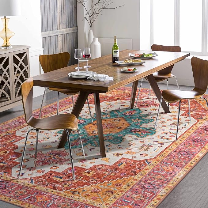 Moynesa Ultra-Thin Pink Area Rug - 8x10 Bedroom Living Room Rug Non-Slip Non-Shedding Nursery Mat, Indoor Oriental Medallion Floor Carpet for Dining Room Entryway Playroom