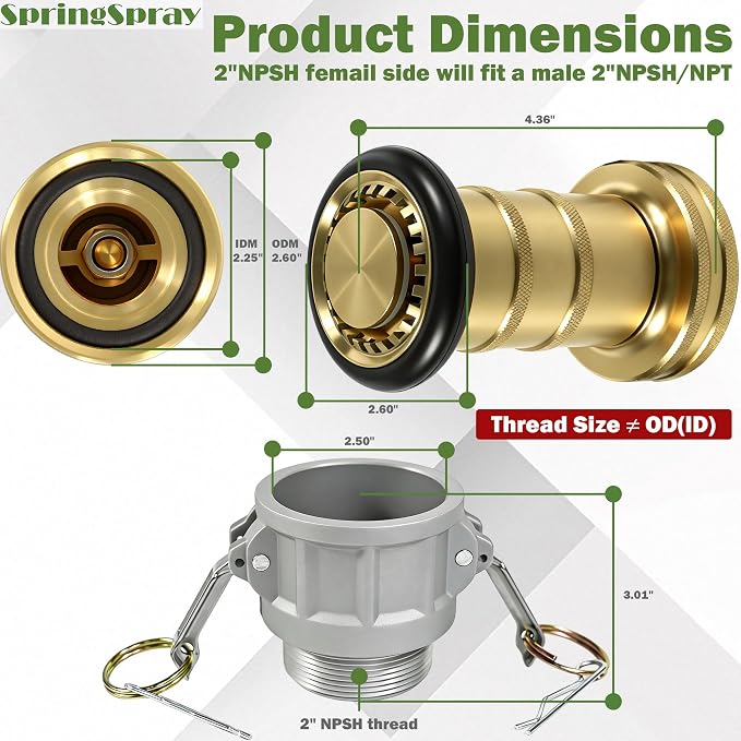 2" NPSH Aluminum Camlock Fitting Coupling With Brass Fire Hose Nozzle 2 inch Fire Equipment Constant Flow Heavy-Duty Industrial Fog Nozzle