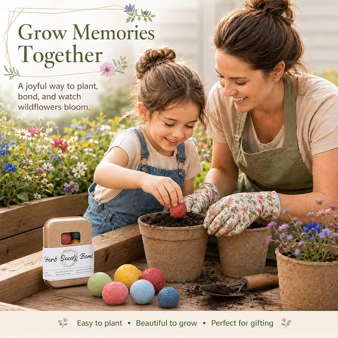 Herb Wildflower Seed Ball - 6 Seed Bombs in Gift Box, 6 Herb Seeds (Basil, Parsley, Cilantro, Chives, Lav, Mint), Beginner-Friendly No Dig Gardening, Easter Gardening Gift Set for Women Mom Her