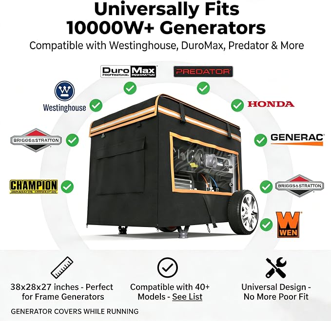 Generator Covers While Running, 38"L x 28"W x 27"H Heavy Duty Waterproof Generator Covers for Outside, Compatible with10000+W Generator, All Season Protection for Generator, Black