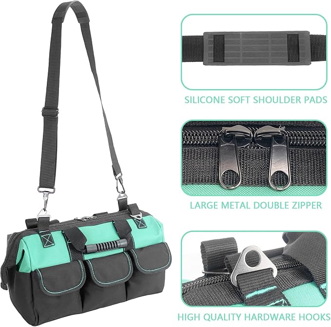 Women Garden Tools Bag 16inch Wide Mouth Tool Bag with Molded Base and Plastic-Padded, Inside Pockets for Tool Storage and Organization,600D polyester fabric (Teal color)