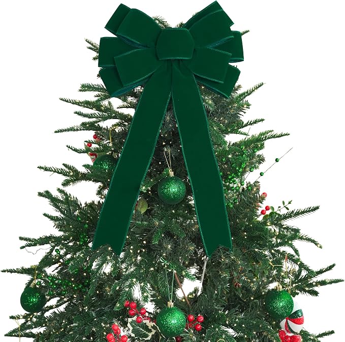 13" Green Pre-Tied Bow for Christmas Tree, Dark Green Velvet Ribbon Bow for Wreaths, Tree Toppers, Premade Gift Bows for Party Favor, Christmas Home Indoor Outdoor Decor-1 Counts