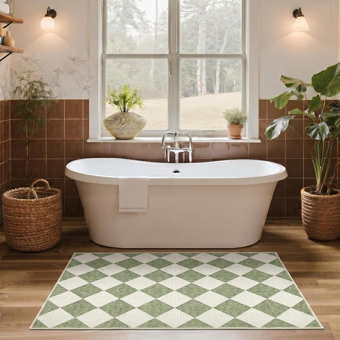 GarveeHome Checkered Entryway Rug 2x3 Sage Green Washable Front Door Rug | Diamond Indoor Entrance Plaid Carpet Non-Slip Low Pile Throw Rugs for Kitchen Floor, Powder Room, Entry, Bathroom, Kids Room