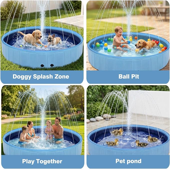Eooqi Foldable Dog Pool with Sprinkler, Extra Large Thickened Splash Pool | 2-in-1 Outdoor Summer Water Play Toy, Non-Slip Hard-Side Kiddie Pool for Backyard Dogs, Kids & Pets (Blue, 97"-6XL)