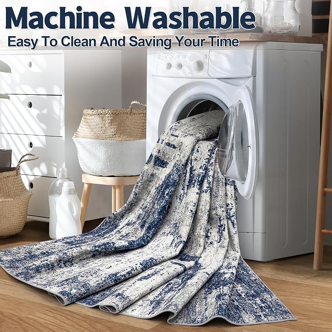 Tosuoka 10x14 Area Rugs for Living Room Abstract Washable Gray Blue Rug | With Anti-Slip Backing，Non-Shedding，Stain-Resistant，Soft Modern Large Carpet for Bedroom Dining Room Farmhouse Nursery