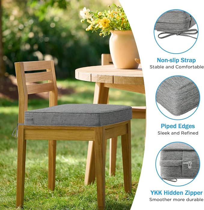 18.5 x 16 Inch Outdoor Chair Cushions with Tie Straps, Set of 4 Thick Water Repellent Rectangle Patio Chair Pads for Garden Lawn Patio Furniture, Linenweave Gray