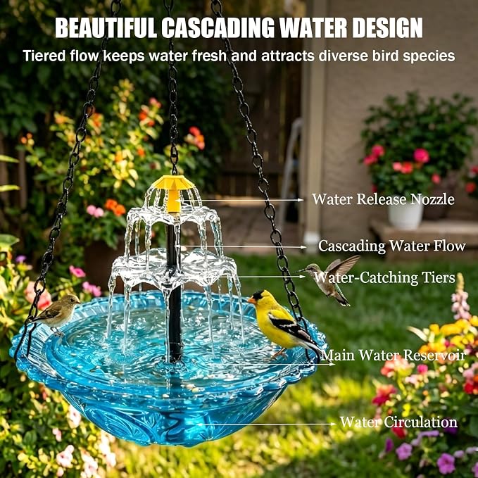 Hanging Solar Bird Bath Fountain,2026 New Solar Cascade Hanging Bird Bath Fountain,Hanging Bird Bath with Water for Outdoors Garden Patio Backyard Lawn Decor(Blue) 111