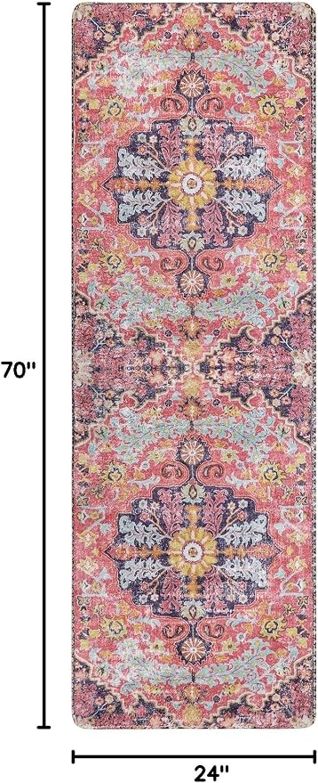 Lahome Reine Bohemian Floral Medallion Runner Rug, 2x6 Pink Hallway Runner Laundry Mat, Machine Washable Non-Slip Soft Indoor Carpet for Bathroom Bedside Basement Camper Home Decor, Fuchsia/Multi