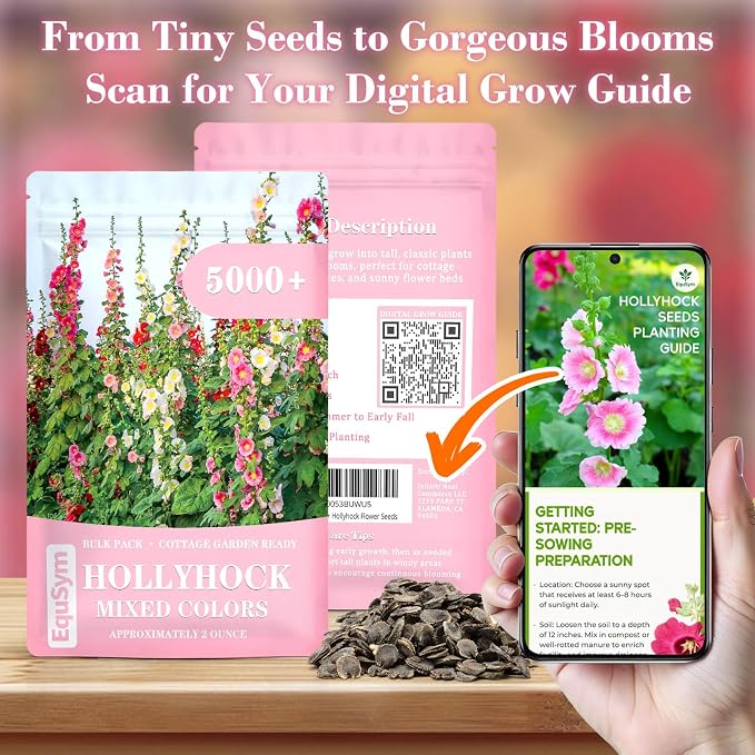 5000+ Hollyhock Seeds Bulk Pack - Mixed Color Tall Cottage Garden Blooms, Outdoor Flower Seeds for Fence Line Borders, Full Sun to Partial Shade