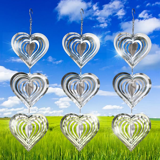 9 Pack Heart Shaped Mirror Reflective Hanging Wind Spinners, Stainless Steel 360° Swivel Decorative Discs, Weather Resistant Outdoor Ornaments for Yard, Patio, Balcony & Garden