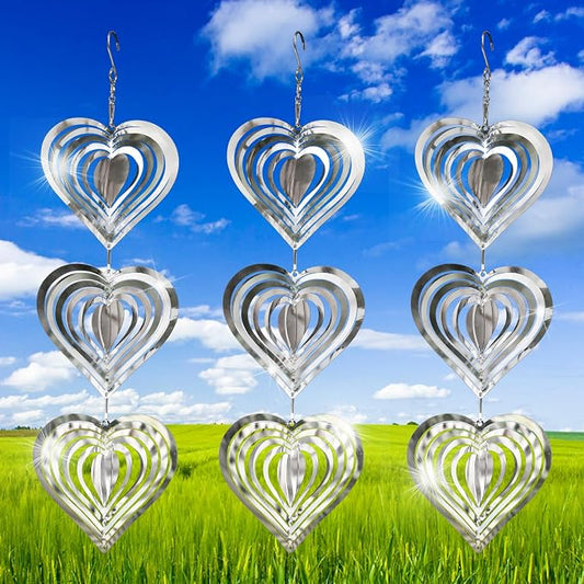 9 Pack Heart Shaped Mirror Reflective Hanging Wind Spinners, Stainless Steel 360° Swivel Decorative Discs, Weather Resistant Outdoor Ornaments for Yard, Patio, Balcony & Garden
