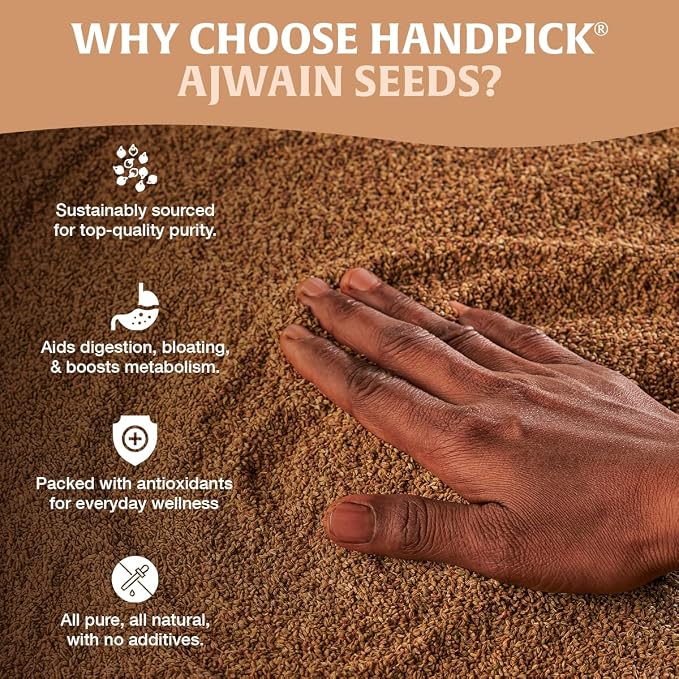HANDPICK Ajwain Seeds (397g/14oz) Whole Carom Seeds | Vegan, Gluten free, Non GMO | Raw Carom Bishops, Indian Origin | Packed in Resealable Ziplock Pouch