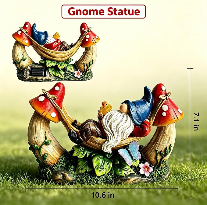 Solar Gnome Garden Statue with Mushroom and Butterfly Lights Outdoors, Waterproof Garden Decor for Yard Lawn Balcony, Cute Gnome Figurine for Outdoor Patio Decor, Ideal Gift for Garden Lovers