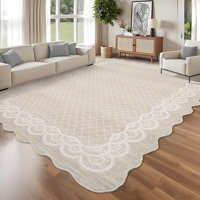 Garvee Washable Scalloped 9x12 Area Rug for Living Room, Lace Beige Rug | Soft Non Slip Rugs for Bedroom, Low Pile Neutral Rug, Stain Resistant Foldable Carpet for Playroom Dorm, Farmhouse Rugs