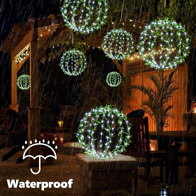 Joomer Solar Hanging Ball Lights Outdoor, 2-Pack 13in & 11in Total 264 LED Solar Globe Lights, 8 Modes Waterproof Metal Sphere Lights with Hooks for Patio Garden Decor - White