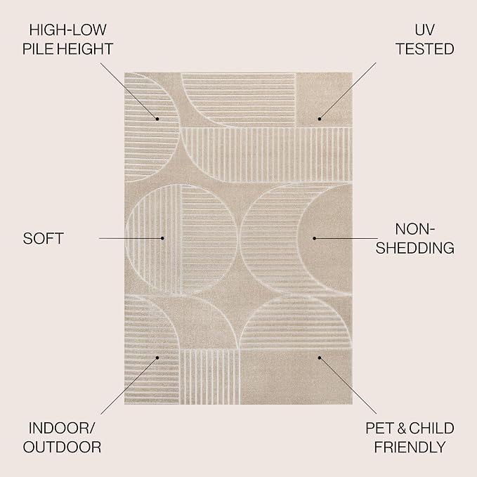 JONATHAN Y Nordby High-Low Arch Striped Indoor/Outdoor Area Rug, 5x8, Beige/Cream, for Patio, Backyard, Living Room, Bedroom, Office, Hose-Washable (SCN104E-5)