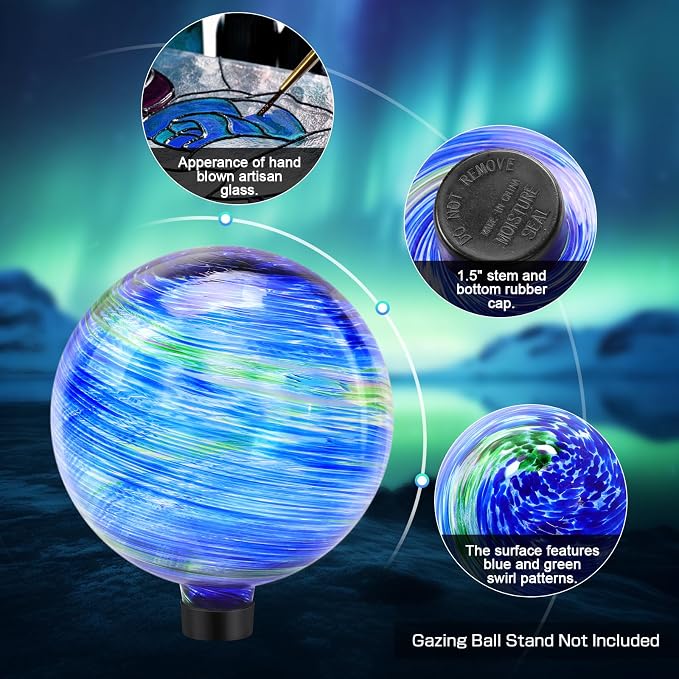PIREKZUNT Gazing Balls for Garden, Blue and Green Hand Painted Gazing Glass Ball, Reflective Ball Yard Ornament for Outdoor Decoration Patio Garden Lawn (10 Inch)