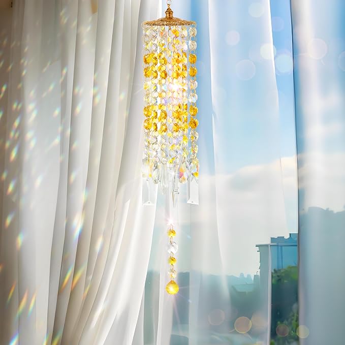Crystal Wind Chimes Rainbow Suncatcher for Window, Garden, Patio Decor | K9 Crystal Suncatcher, 22 Inches, Creates Rainbows Indoors/Outdoors, Ideal For Gifting, Rose Gold Hooks, Porch/Balcony