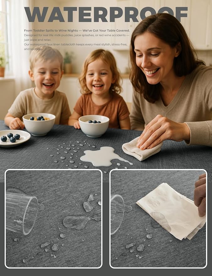 Decorelia Faux Linen Farmhouse Table Cloth 60"x104" for 6 ft Rectangle Table, Dark Grey Waterproof Outdoor Washable Cloth Tablecloth for Rectangular Dining Room Kitchen Outdoor Party Restaurant Table