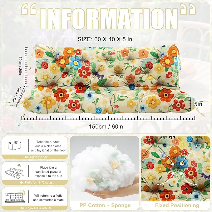 Porch Swing Cushions 3 Seater Replacement Thicken 5" Waterproof & Fade Resistant Swing Cushions for Outdoor Furniture Bench Patio Swing Cushion with Backrest & Ties(Color Floral 60x40x5inch)